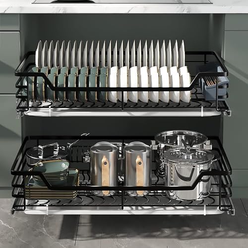 2-Tier Pull Out Cabinet Drawer Organizer - Heavy Duty 304 Stainless Steel Wire Basket Slide Out Shelf Storage for Kitchen Base Cabinets and Cupboards