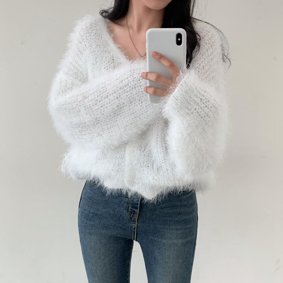 Image of Mohair Cardigan for Women - Fuzzy Open Front Oversized Faux Fur Coquette Sweater