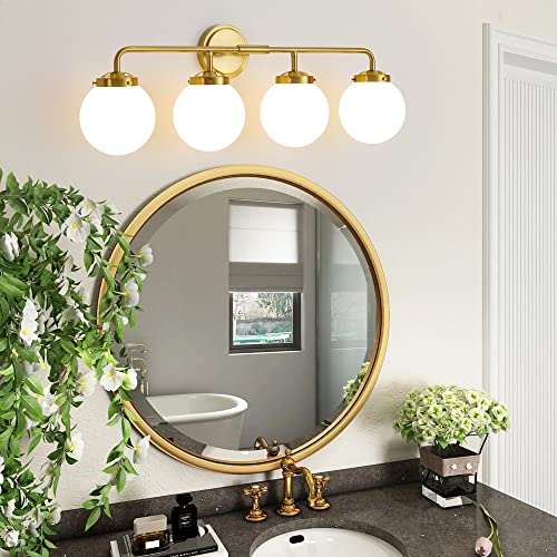 Image of Bathroom Light Fixtures 30.7in 4-Light Brushed Gold Vanity Light for Mirror | Bathroom Lighting Fixtures over Mirror, ETL, Brushed Brass Wall Sconce, Dimmable E12 Base Max 60W, Milky Glass Ball Shades