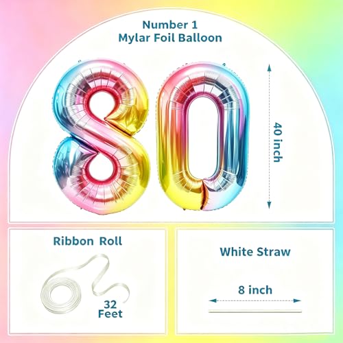 Image of Rainbow Number Balloons Birthday Balloons - Giant Number 80 Balloon 40 inch, Numbers Balloon Birthday Decorations, Rainbow Party Supplies for Baby Shower