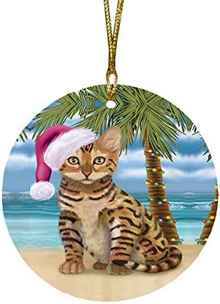 Summertime Tropical Island Beach Chinese Li Hua Kitten Round Flat Ornament - Pet Decorative Hanging Ornaments for Christmas X-mas Tree Decorations - 2.75" Round Flat Ceramic Christmas Ornament POR1648