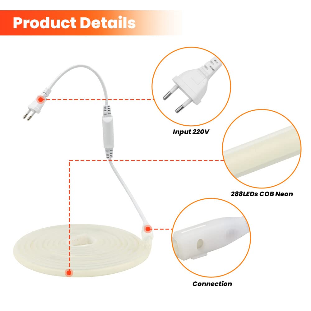 COB Neon LED Streifen, 230V 288leds/m Superhell Hohe Dichte, Diffusion Neon Flex LED Schlauch für Innen Aussenbereich Heim Küche DIY Deko (Weiß, 20M)