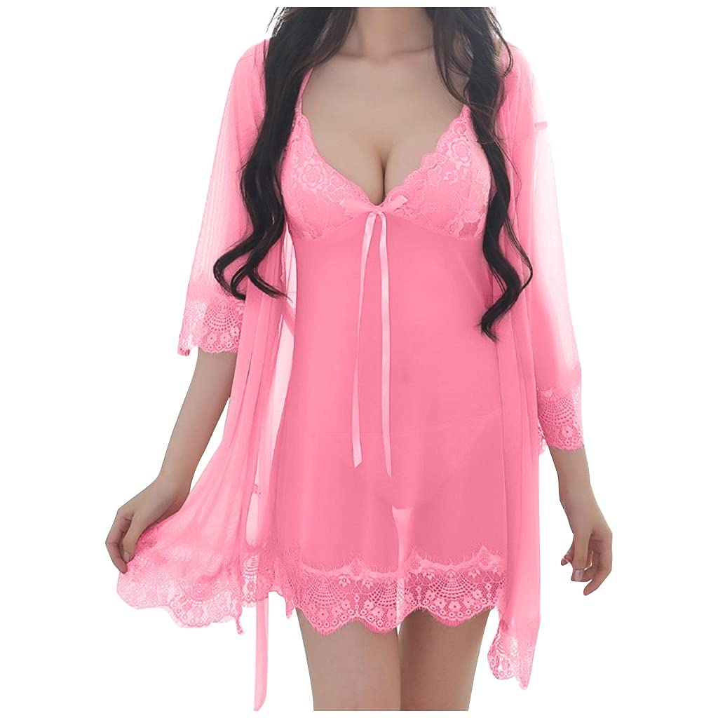 Plus Size Sexy Lace Sleepwear Women's Nightie Sexy V-Neck Night Dress See Through Mesh Nightwear Ladies Nightgown Sleep Tops Piece pajamas (Color : Hot Pink, Size : M) M Hot Pink