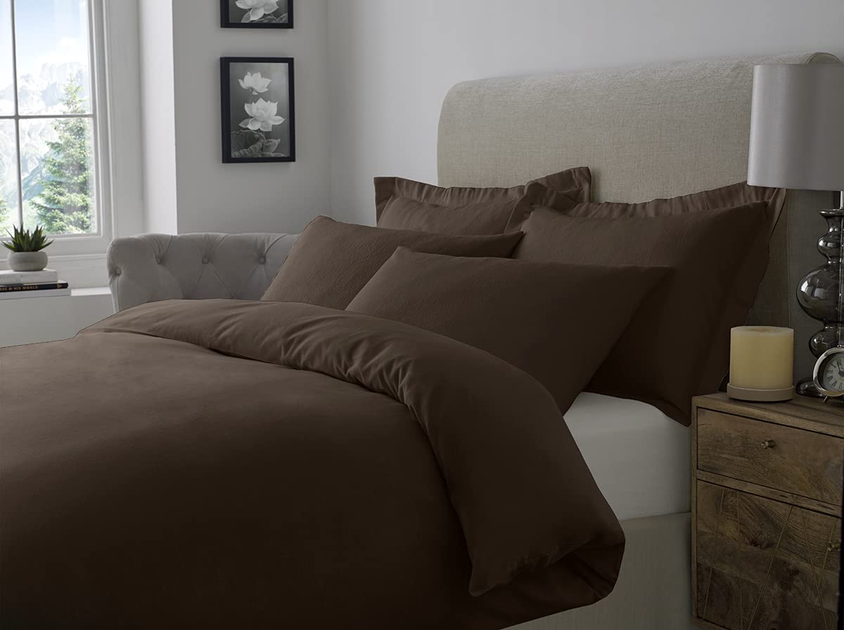 ED 100% Brushed Cotton Duvet Cover Sets | Plain Dyed Reversible Flannelette Bedding Sets With Matching Pillowcases (Single, Brown)