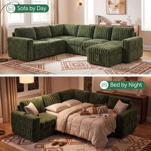 Image of HONBAY Plush Corduroy Modular Sectional Sofa with Pull Out Bed, Convertible U Shaped Couch with Storage,Sleeper Sectional Couches for Living Room,Plush Green