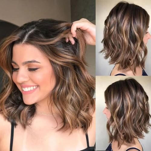 oulaer Ombre Brown Short Bob Wig Mixed Blonde Highlights Wavy
