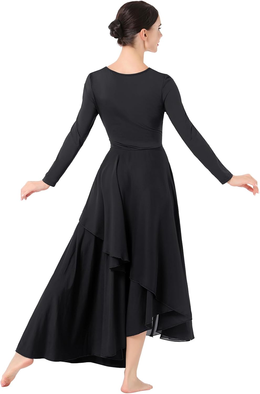 IMEKIS Women Metallic Gold Liturgical Praise Dance Dress Chiffon Long Sleeve Lyrical Dancewear Church Worship Outfit