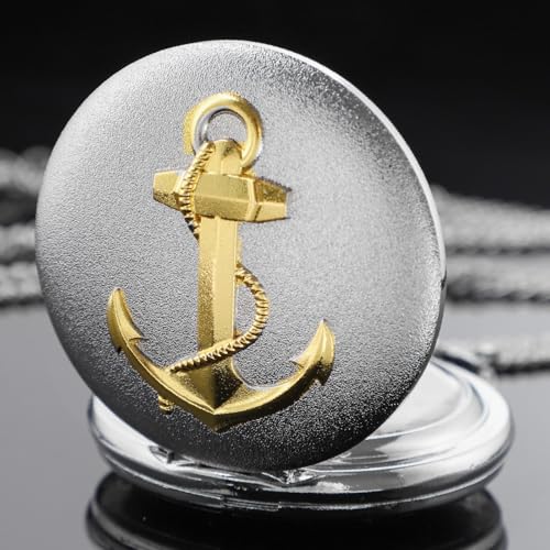 Image of Tiong Pocket Watch Anchor Pattern Design Roman Numerals Quartz with Chain Birthday Gifts