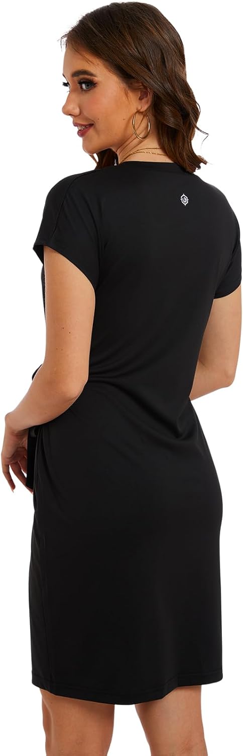 Lightbare Womens UPF 50+ Short Sleeve T Shirt Dress V Neck Summer Floral Dresses Tie Waist Casual with Pockets - Image 2