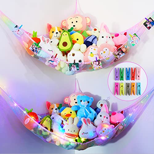 Fiobee Stuffed Animals Net Or Hammock, Stuffed Animals Storage Holder Toy Hammock Organizer Hanging With Led Light Photo Clips For Nursery Play Room Kids Bedroom Pack Of 2 #TOP1