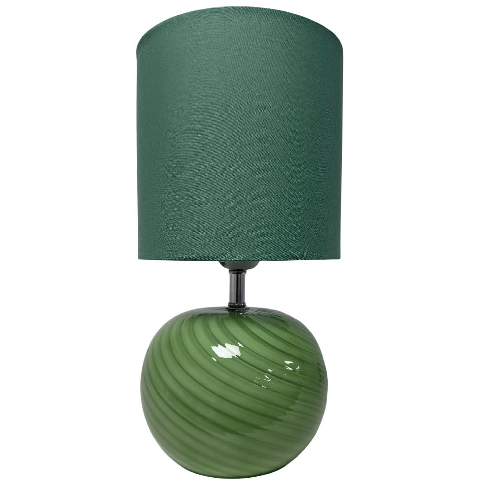 Britalia Green Glass Table Lamp, Chrome Base with Green Linen Drum Shade, E27 Fitting, 30cm Height x 16cm Diameter, in-Line Switch