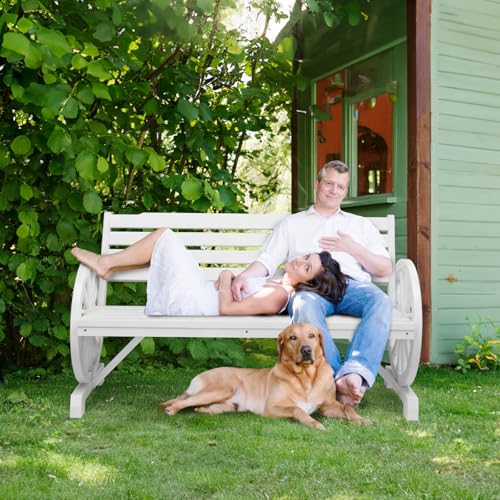 Image of VINGLI Rustic Wooden Wheel Bench Outdoor Bench, Patio Bench Wagon Slatted Seat, Garden Benches for Outdoors 350lbs High Capacity, Weather Resistance (White, 55in)