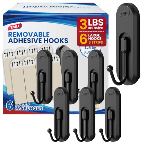 Image of TAILI Adhesive Large Hooks for Hanging, 6 Coat Hooks & 8 Strips, Black | Hold Up to 3.3 LBS, Heavy Duty No-Drill Removable Large Wall Hanger for Towel, Backpack, Hat, Door,Kitchen Home Decor,