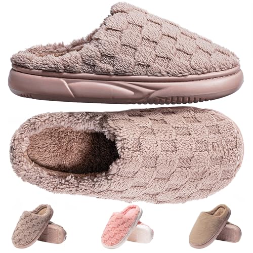 DIUS Fuzzy House Slippers for Women & Men, Memory Foam Slippers Indoor Outdoor Non Slip Rubber Sole Cozy Bedroom Shoes