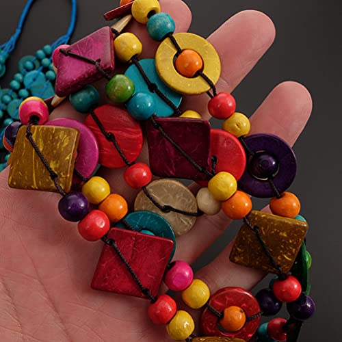 Bohemian Shell Necklace Wood Bead Statement Collar Necklace Chunky Layered Necklace Handmade Beaded Long Necklace for Women3