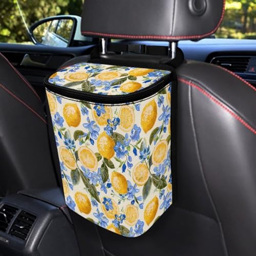 Image of Talayituse Lemon Floral Print Car Trash Can with Adjustable Straps, Foldable Car Trash Bag Bin Car Garbage Bag Multipurpose Storage Box for Vehicle Travel Camping Picnicing