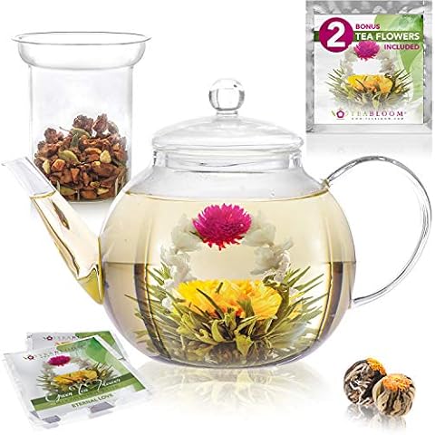 Teabloom Stovetop & Microwave Safe Borosilicate Glass Teapot (1.2 L) with Removable Loose Tea Glass Infuser - Includes 2 Flowering Teas Cover