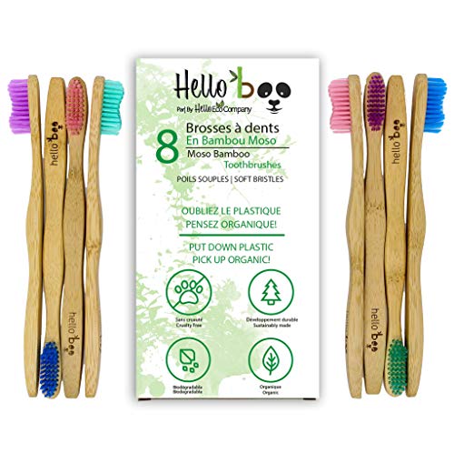 Bamboo Toothbrush for Adults and Teenagers | 8 Pack Biodegradable Tooth Brush Set | Organic Eco-Friendly Moso Bamboo with Ergonomic Handles and Soft Nylon Bristles | by Hello Eco Company