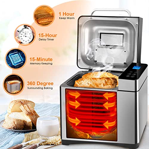 Brotbackautomat 710W Backmeister, 19 Programme, Edelstahl Bread Maker Vollautomatische mit 15 Stunden Timing-Funktion, Sichtfenster 4 Brotbackautomat 710W Backmeister, 19 Programme, Edelstahl Bread Maker Vollautomatische mit 15 Stunden Timing-Funktion, Sichtfenster