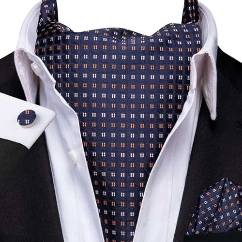 Image of Hi-Tie Silk Ascot for Men Self Tie Men's Cravat and Flower Lapel Pin Handkerchief Cufflinks Set for Wedding Party