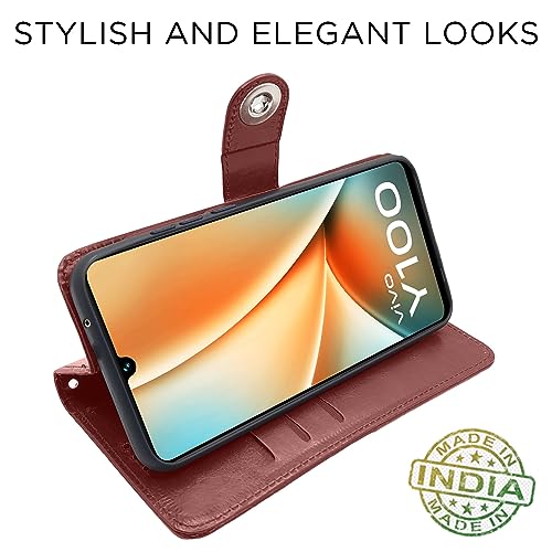 Image of Pikkme Vivo Y100 5G Flip Cover Leather Finish | Inside TPU with Card Pockets | Wallet Stand and Shock Proof | Complete Protection Button Flip Case (Brown)