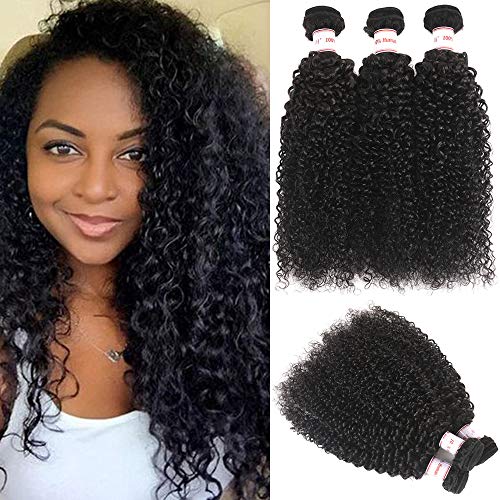 Karbalu Hair Brazilian Curly Hair Weave 3 Bundles 100% Unprocessed Brazilian Virgin Kinkys Curly Human Hair Extensions Natural Black(12 14 16)