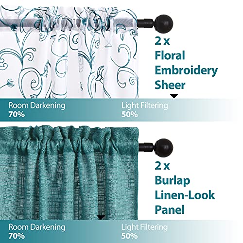 Aufenlly 2 Embroidery Floral Semi Sheer Curtains And 2 Burlap Teal Curtains For Window Curtains 4 Panels Sets Curtains For Living Room Curtains 84 Inches Long (Brittany Blue, W27.5Xl84 Inch Each) #TOP2