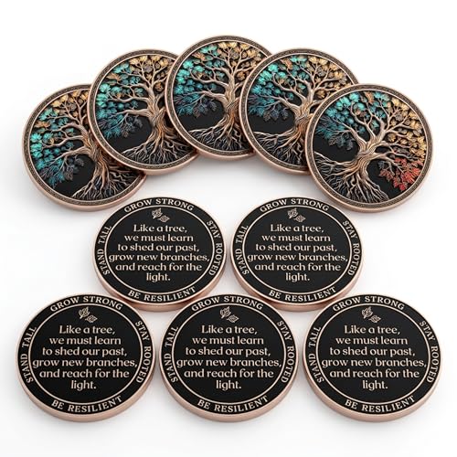 Image of Milestone Mint Affirmation Sobriety Coin Set 10 PK - Tree of Life Anniversary Sobriety Gifts for Men & Women | AA Coins and Medallions w /Token, 3D Texture, Recovery Sober Chips | Bulk Pack Discount