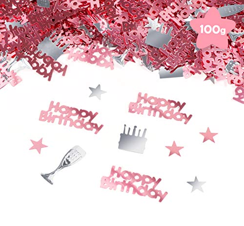 Sweelov Happy Birthday Konfetti 100g Geburtstag Streudeko Sterne Weinglas Kuchen Tischkonfetti für Feier Jubiläum Deko, Roségold Silber, über 3000 Stück