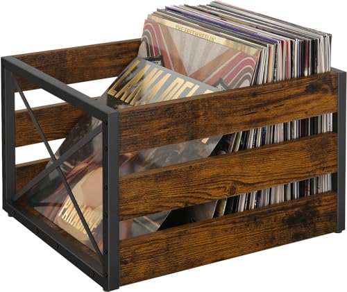 YINMIT Vinyl Record Storage, Large LP Vinyl Record Storage Crate, Metal & Wooden Record Holder, Cube...