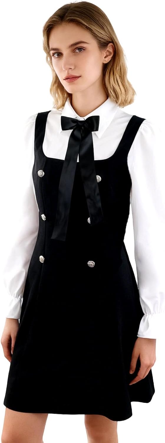 Women Short Dresses 2 In 1 Colorblock Turndown Collar Lantern Sleeve Black Suit Cute Dress - Image 7