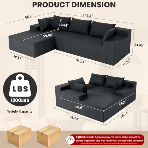 Image of LEVELEVE 107 inch Cloud Sectional Couch with Deep Seat,Modern Modular Sofa with L-Shape Chaise,No Assembly Required, Upholstered Couches for Living Room Bedroom(Dark Gery,Left Facing Chaise)