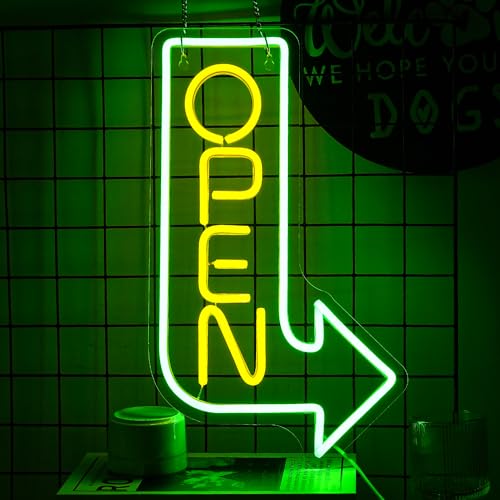 LMSIGNLY Open Neon Sign Arrow Neon Light Yellow Letter LED Neon Light Dimmable Open LED Sign for Business USB Powered Arrow Open Neon Lights for Party Bar Salon Shop - Image 2
