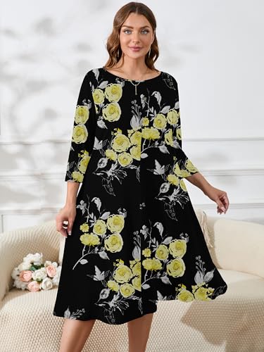 Image of AusLook Women's Plus Midi Dresses Crew Neck A Line 3 /4 Sleeves Casual Elegant Loose Wedding Vacation Dress with Pockets