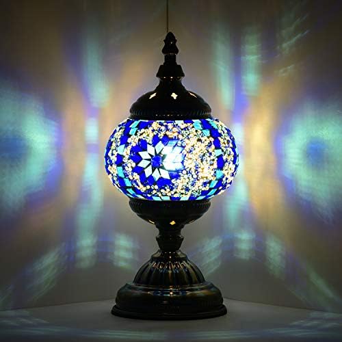 Marrakech Turkish Table Lamp Mosaic Glass Bedside Table Lamp Moroccan Lantern Tiffany Style Night Lights with Bronze Base for Living Room (Blue)