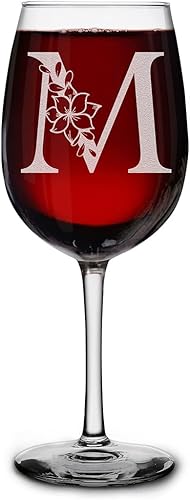 Copa de vino personalizada con monograma floral con inicial grabada, copa de tallo de 16 onzas para mujer, regalo personalizado para su cumpleaños y