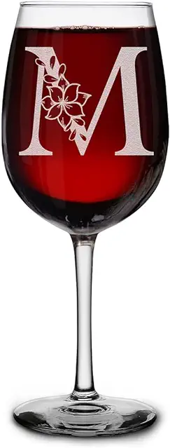 Floral Monogram Engraved Initial Stemmed Wine Glass with...