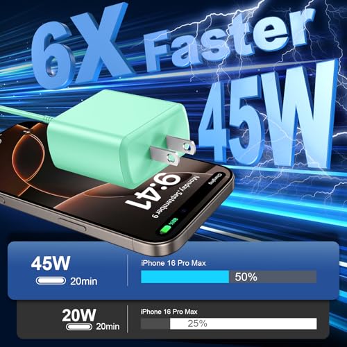 Image of Phone 17 16 Pro Max Charger Fast Charging,45W Phone 17 Charger Type C Chargers USB C Charge Block &10FT Long C Charging Cables Cord for Phones 17 /17 Pro / 17 Pro Max /Air /16 15 Pro Max,Green