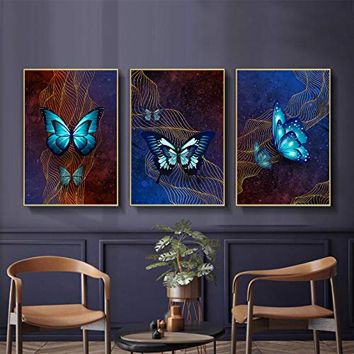 Peinture bleu et or : triptyque d'affiches papillon modernes 50x70cm pour salon
