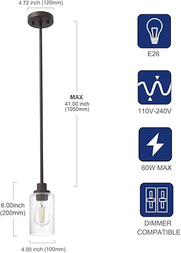 Miniatura 4 de Lámpara colgante vintage de 1 luz en bronce aceitado, lámpara de techo colgante moderna de vidrio sembrado para cocina, vestíbulo, pasillo