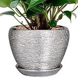 Ceramicfor Ceramic Planter - 6 Inch Plant Pot Indoor with Drainage Hole and Saucer Outdoor Pot for Plants Round Decorative Planter Modern Mid-Century Flower Pot for Office Decor Silver
