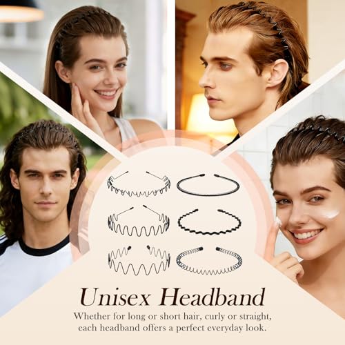 Image of Metal Men Headbands Women Hair Bands, Unisex Black Wavy, Daily Outdoor Sports Headbands, Fashion Simple Elastic Non Slip Hair Accessories (1pcs)