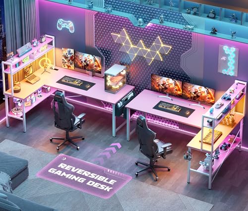Image of Aheaplus L Shaped Desk Gaming Desk, 59 inch L Shaped Computer Desk with LED Light & Power Outlet, Reversible Home Office Desk Gamer Desks with Shelves & Storage Bag & Hooks, Corner PC Desk, Pink