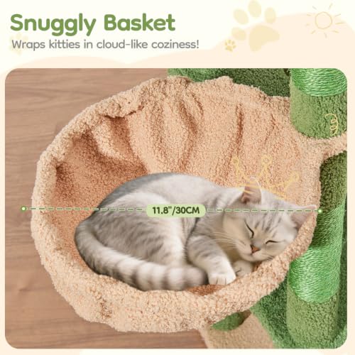 Image of Taoqimiao Sturdy Cat Tree, Cat Tower for Indoor Cats, Extra-Large Platform | 58.7Inch, Widened Cat Condo with Large Scratch Board, Top Perch, 6 Scratching Posts, Soft Basket, Cat Toys, Cactus MS045ST