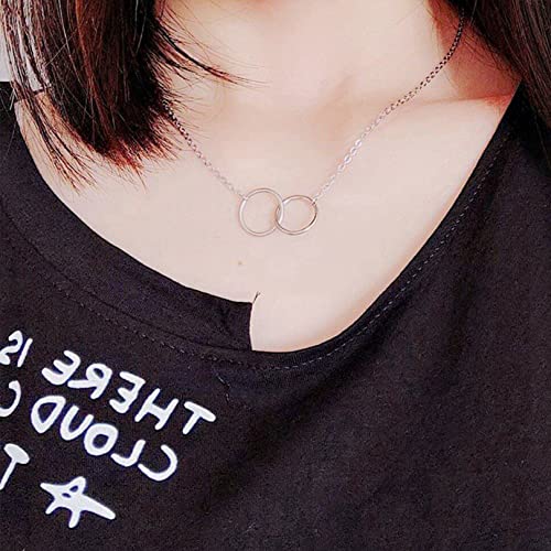 Plated Silvery Choker Necklace For Women Cute Double Ring Pendant With Interlocking Circles Charm Choker For Women Dainty And Lightweight Gift For Friendship And Sister #TOP2