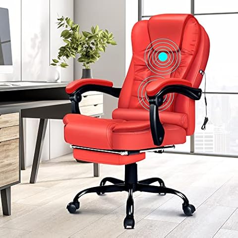 ELFORDSON Massage Chair for Home Office, Swivel Office Chair with with Footrest, Executive Office PU leather Chair with Back Support for Adults, Ergonomic Office Chairs, Red Colour Cover