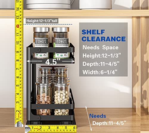 Junyuan Pull Out Spice Rack Organizer For Cabinet, Slide Out Rack 4.5" Wx10-1/2 Dx(8.5"~10.7") H For Upper Kitchen Cabinets & Pantry Closet (4.5"-Double, Black) #TOP4