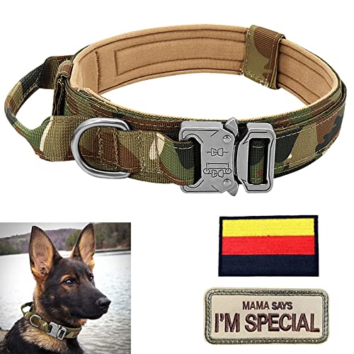 Hundehalsband Verstellbar mit Kontrollgriff, Taktisch Halsband Nylon, Hunde Halsband Gepolstert, Metallschnalle, für Mittlere Große Hunde Jagd Training Outdoor, Grün M Breit