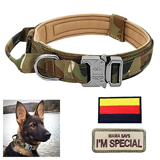 Collier pour Chien réglable avec poignée de contrôle, Collier Tactique pour Chien avec Coussinets et Boucle en métal pour Chiens de Taille Moyenne, Camouflage Vert, M