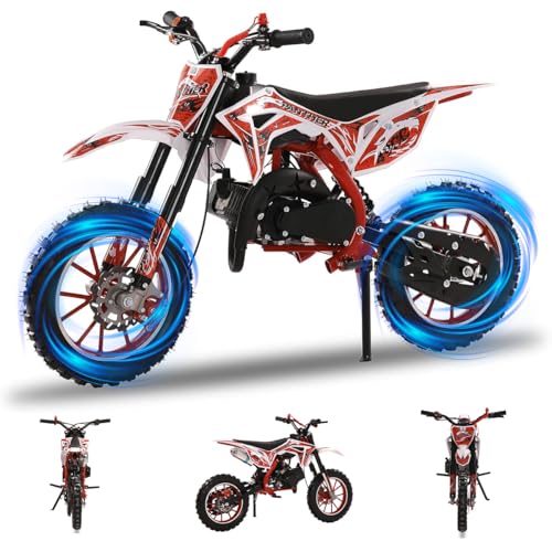 cdar 49CC 2-Stroke Kid Dirt Bike, Gas Dirtbike Children Motorcycle Gas Powered Off-Road Motorbike with Soft Seat Cushion Pocket Motorbike Front Rear Disc Brakes Birthday Gifts for Boys Girls 6-14 Red
